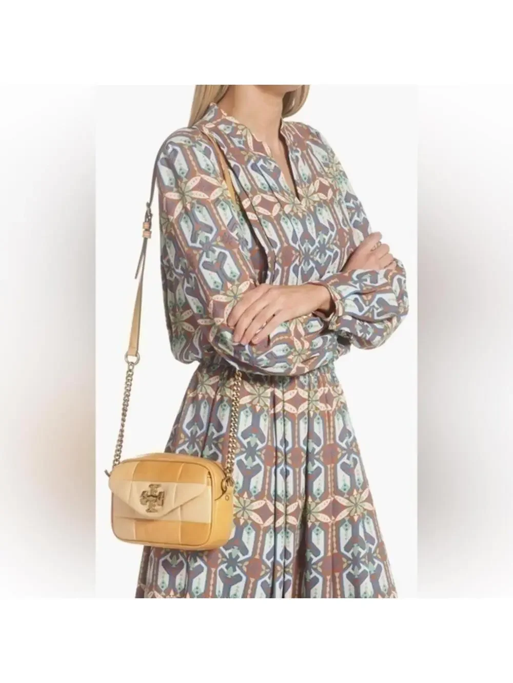 Tory Burch Kira Mini Leather Patchwork Camera Bag NWT Golden Straw Mix